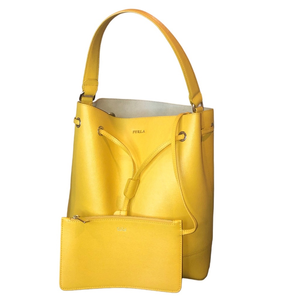 FURLA Yellow Leather Bucket Bag with Drawstring Closure and Nickel Hardware